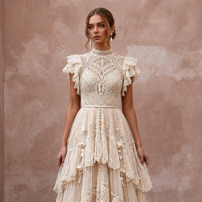 Whimsical Champagne Macrame Lace Dress for Festival Reception - Apparel & Accessories > Clothing > Wedding & Bridal Party Dresses > Wedding Dresses - Mignonette Bridal