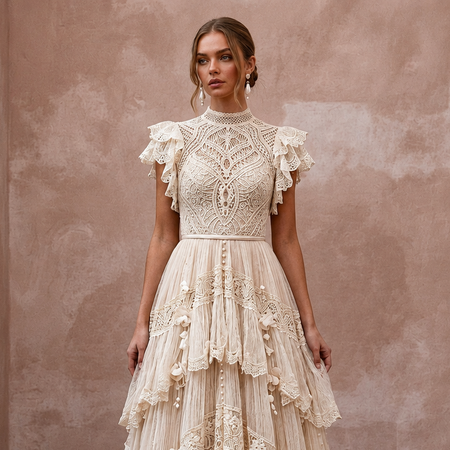 Whimsical Champagne Macrame Lace Dress for Festival Reception