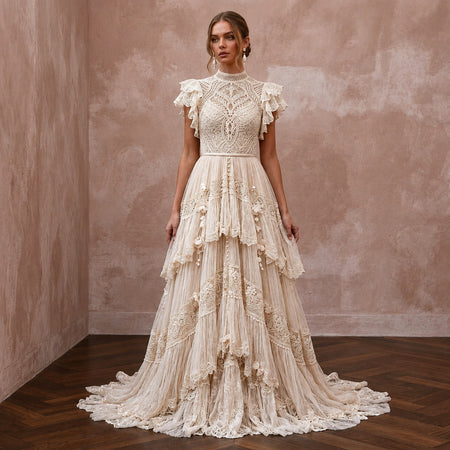 Whimsical Champagne Macrame Lace Dress for Festival Reception - Apparel & Accessories > Clothing > Wedding & Bridal Party Dresses > Wedding Dresses - Mignonette Bridal
