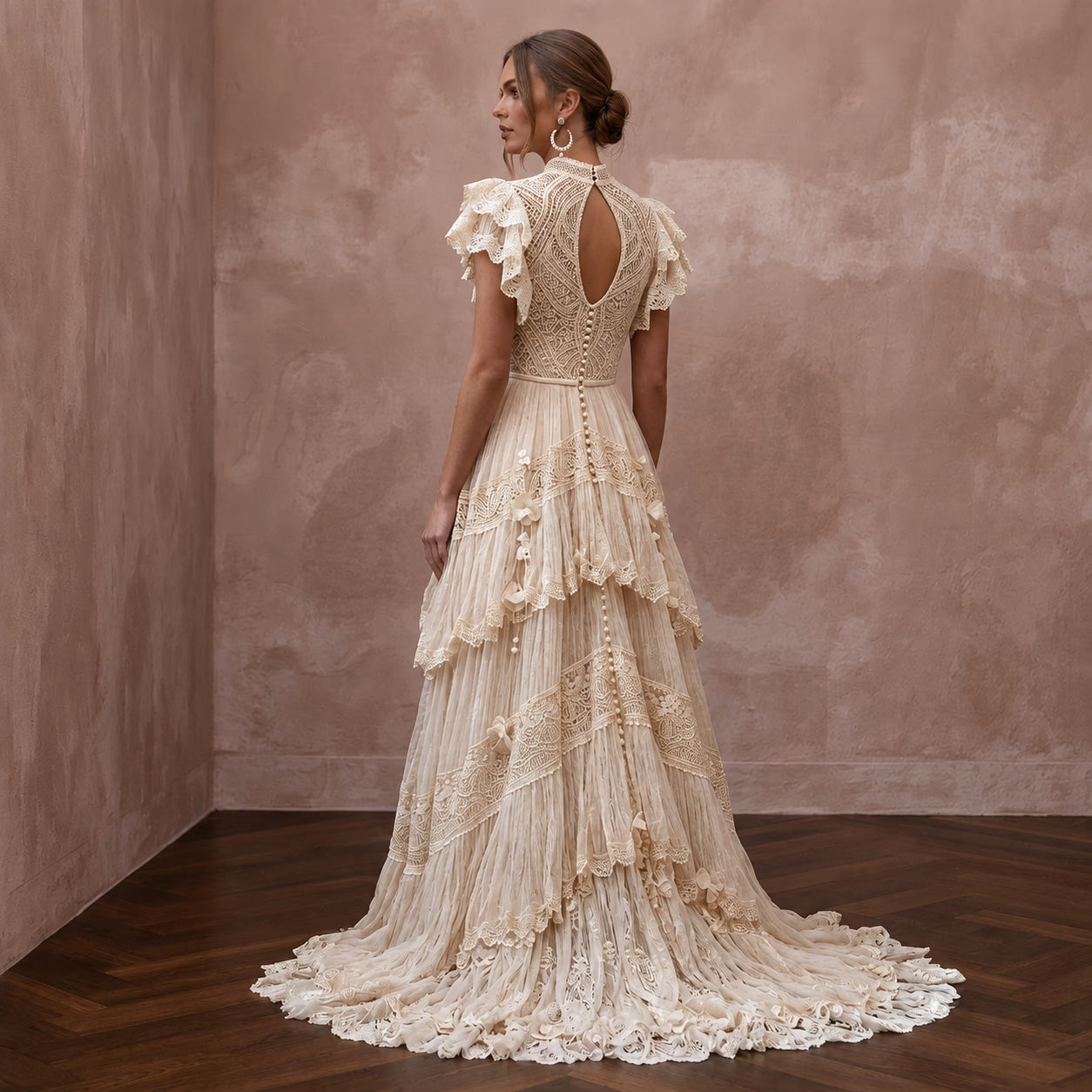 Whimsical Champagne Macrame Lace Dress for Festival Reception Secondary image