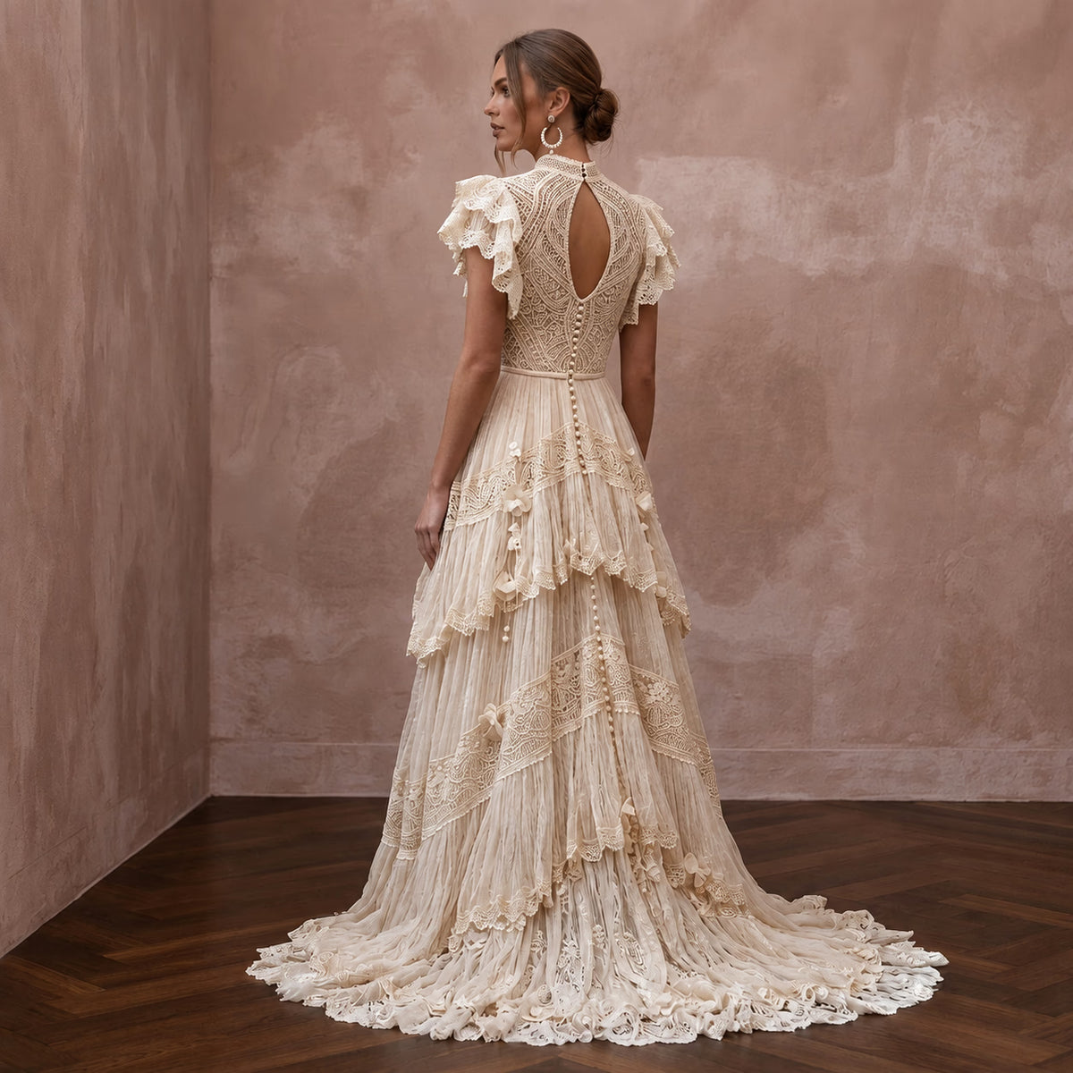 Whimsical Champagne Macrame Lace Dress for Festival Reception - Apparel & Accessories > Clothing > Wedding & Bridal Party Dresses > Wedding Dresses - Mignonette Bridal