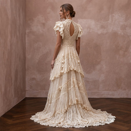 Whimsical Champagne Macrame Lace Dress for Festival Reception - Apparel & Accessories > Clothing > Wedding & Bridal Party Dresses > Wedding Dresses - Mignonette Bridal