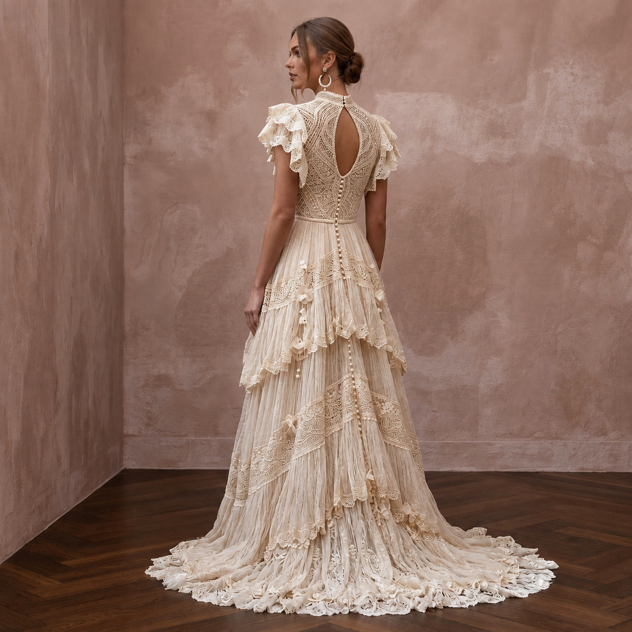 Whimsical Champagne Macrame Lace Dress for Festival Reception Secondary image