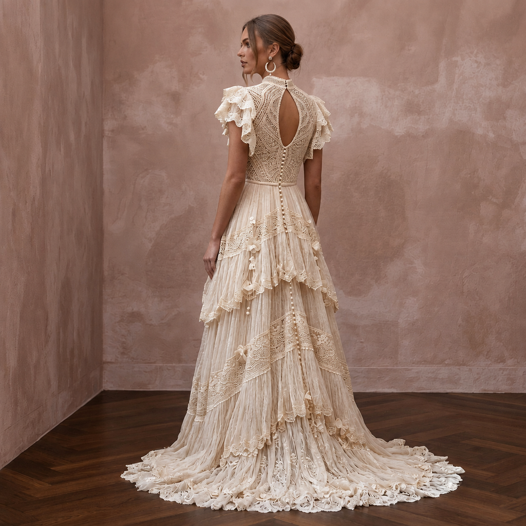 Whimsical Champagne Macrame Lace Dress for Festival Reception