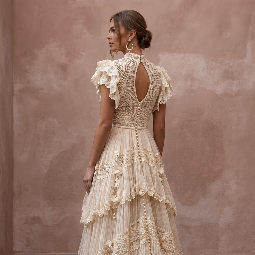 Whimsical Champagne Macrame Lace Dress for Festival Reception - Apparel & Accessories > Clothing > Wedding & Bridal Party Dresses > Wedding Dresses - Mignonette Bridal