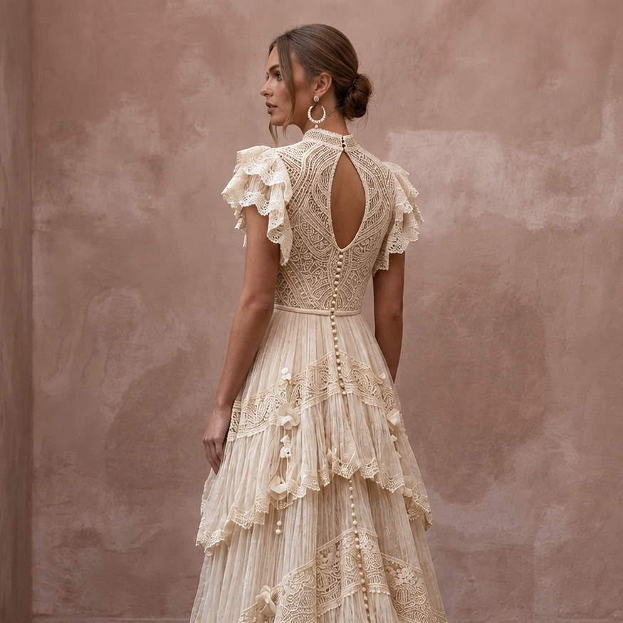 Whimsical Champagne Macrame Lace Dress for Festival Reception