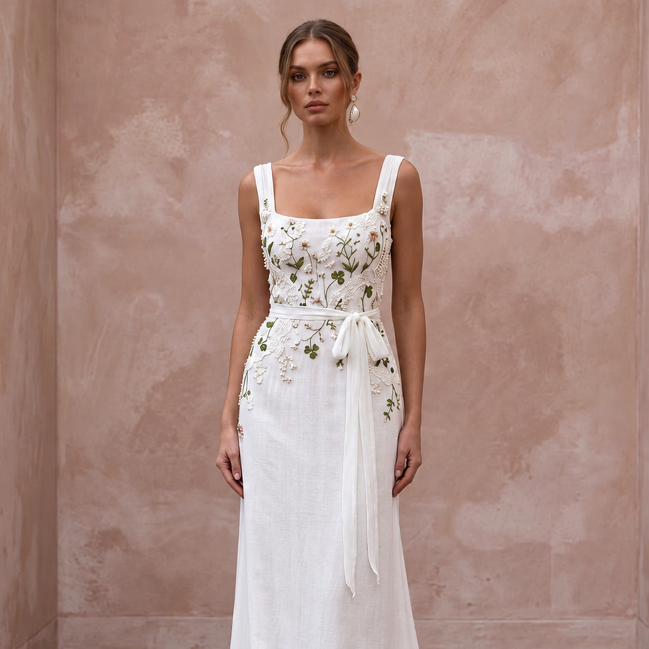 Whimsical White Cotton Voile Sheath Wedding Dress for Picnic Reception