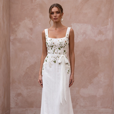 Whimsical White Cotton Voile Sheath Wedding Dress for Picnic Reception