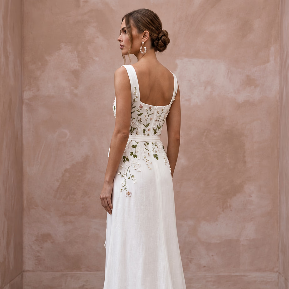 Whimsical White Cotton Voile Sheath Wedding Dress for Picnic Reception