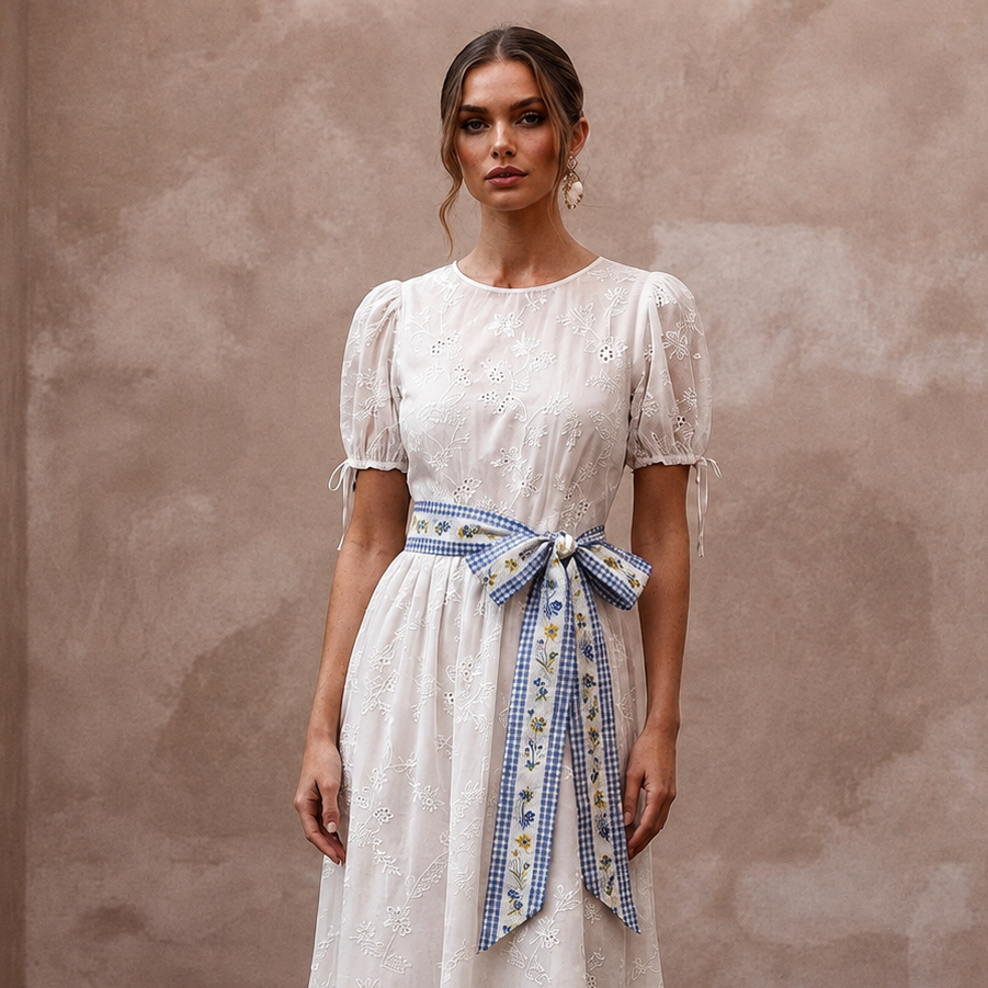 Whimsical White Cotton Voile Sheath for Picnic Reception