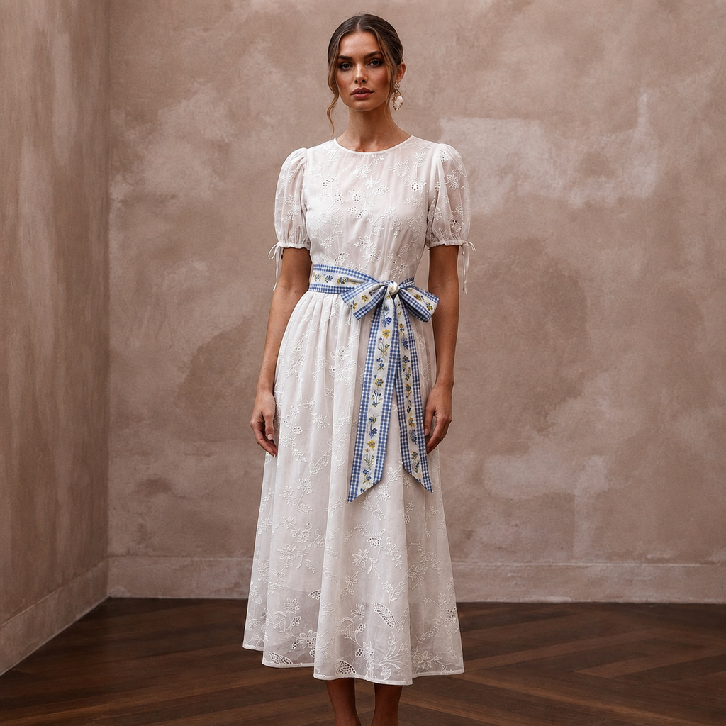 Whimsical White Cotton Voile Sheath for Picnic Reception