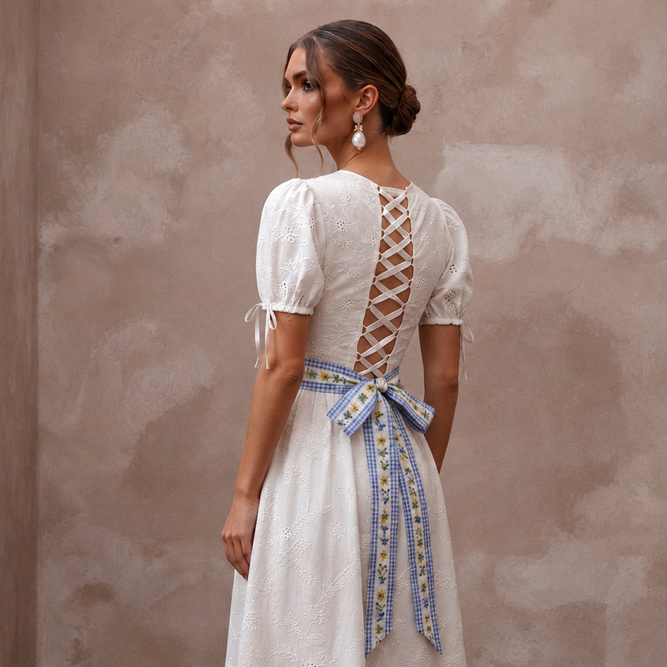 Whimsical White Cotton Voile Sheath for Picnic Reception