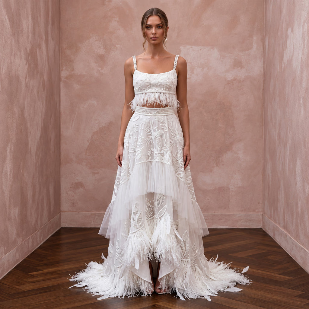 Whimsical White Feather Trim Bridal Crop Top & Maxi Skirt for Party