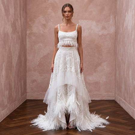 Whimsical White Feather Trim Bridal Crop Top & Maxi Skirt for Party