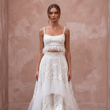 Whimsical White Feather Trim Bridal Crop Top & Maxi Skirt for Party