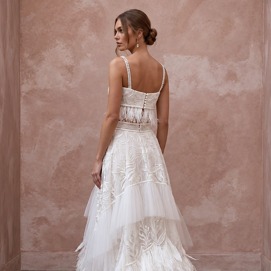 Whimsical White Feather Trim Bridal Crop Top & Maxi Skirt for Party