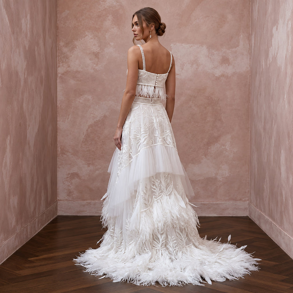 Whimsical White Feather Trim Bridal Crop Top & Maxi Skirt for Party