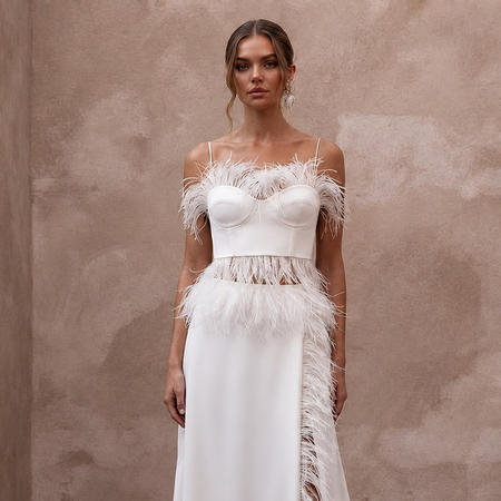 Whimsical White Feather Trim Crop Top & Maxi Skirt for Party - Apparel & Accessories > Clothing > Wedding & Bridal Party Dresses > Wedding Dresses - Mignonette Bridal