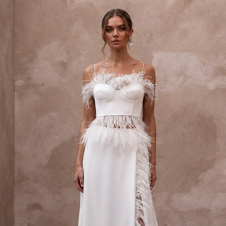 Whimsical White Feather Trim Crop Top & Maxi Skirt for Party