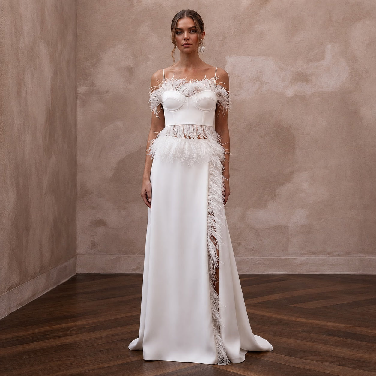 Whimsical White Feather Trim Crop Top & Maxi Skirt for Party - Apparel & Accessories > Clothing > Wedding & Bridal Party Dresses > Wedding Dresses - Mignonette Bridal Main image