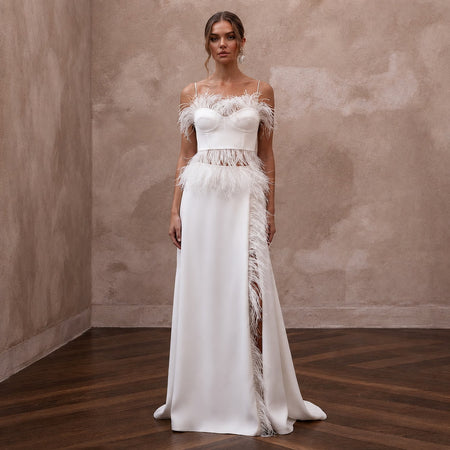 Whimsical White Feather Trim Crop Top & Maxi Skirt for Party - Apparel & Accessories > Clothing > Wedding & Bridal Party Dresses > Wedding Dresses - Mignonette Bridal