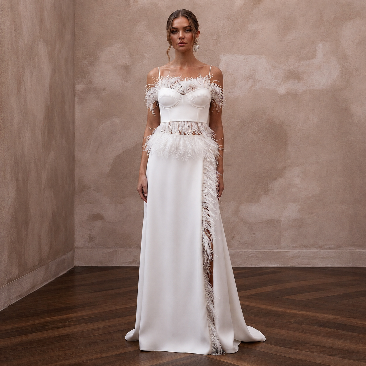 Whimsical White Feather Trim Crop Top & Maxi Skirt for Party