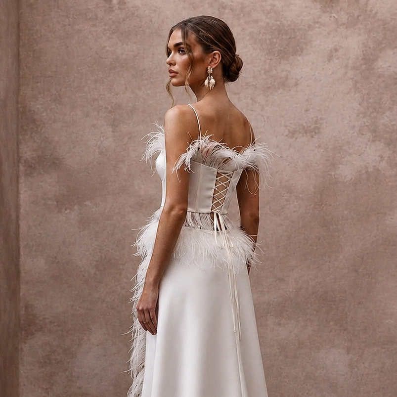 Whimsical White Feather Trim Crop Top & Maxi Skirt for Party