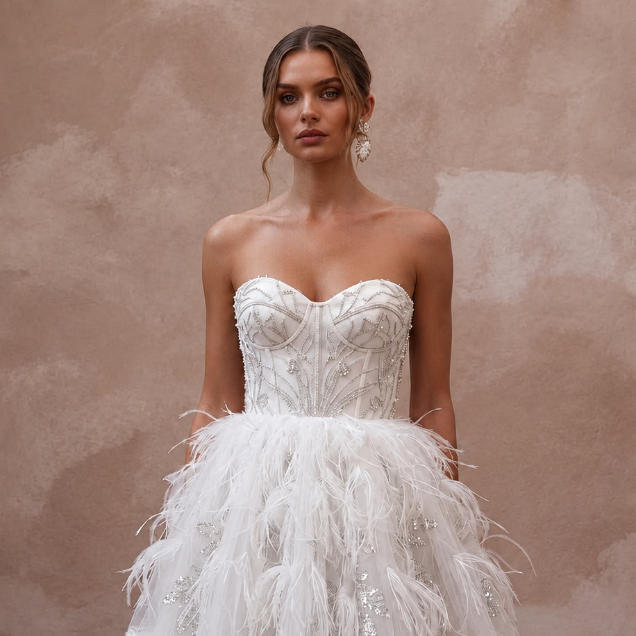 Whimsical White Feather Tulle Short Dress for After - Dinner - Apparel & Accessories > Clothing > Wedding & Bridal Party Dresses > Wedding Dresses - Mignonette Bridal
