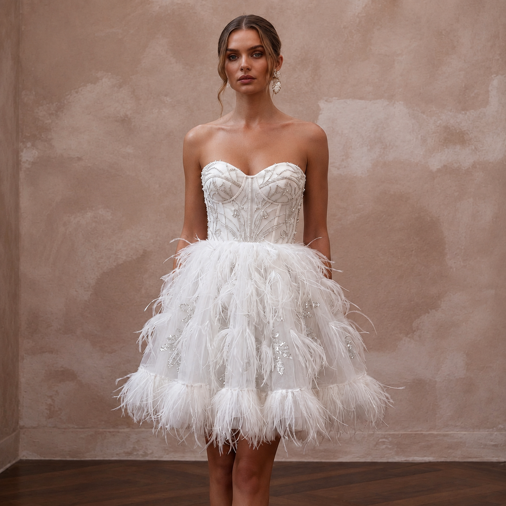 Whimsical White Feather Tulle Short Dress for After-Dinner