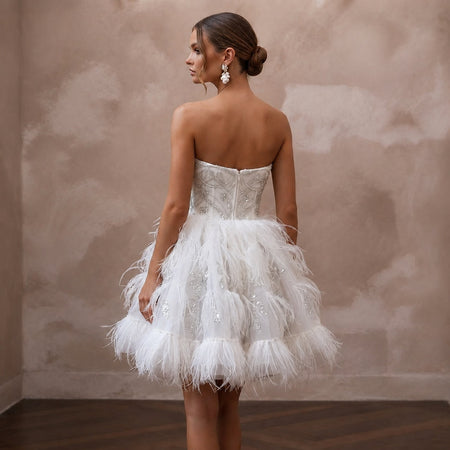 Whimsical White Feather Tulle Short Dress for After - Dinner - Apparel & Accessories > Clothing > Wedding & Bridal Party Dresses > Wedding Dresses - Mignonette Bridal