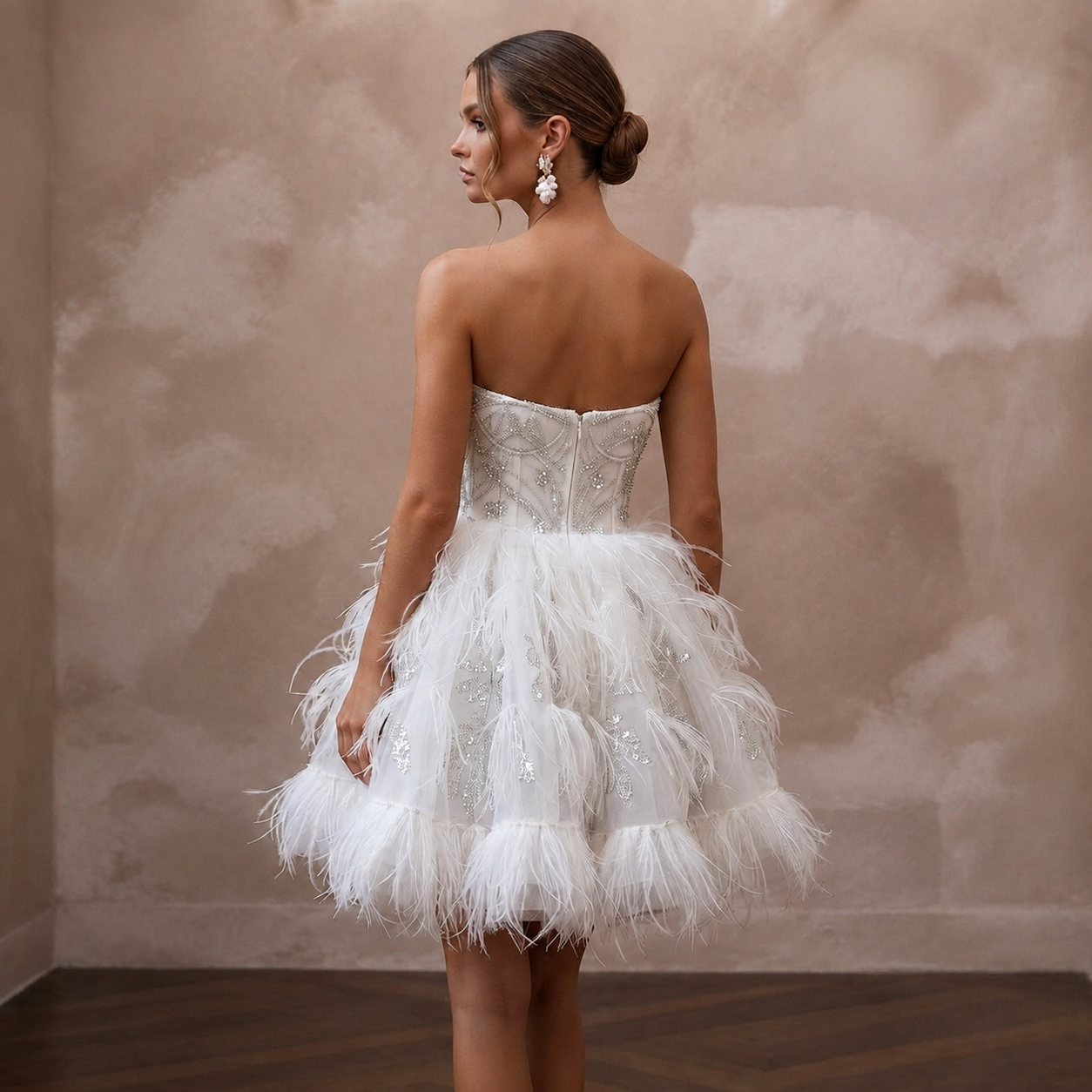 Whimsical White Feather Tulle Short Dress for After-Dinner