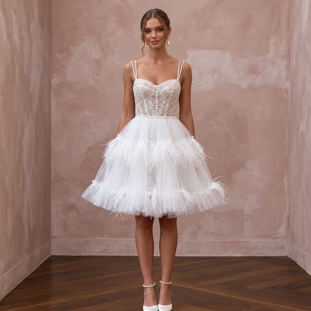 Whimsical White Feather Tulle Short Wedding Dress for After - Dinner - Apparel & Accessories > Clothing > Wedding & Bridal Party Dresses > Wedding Dresses - Mignonette Bridal