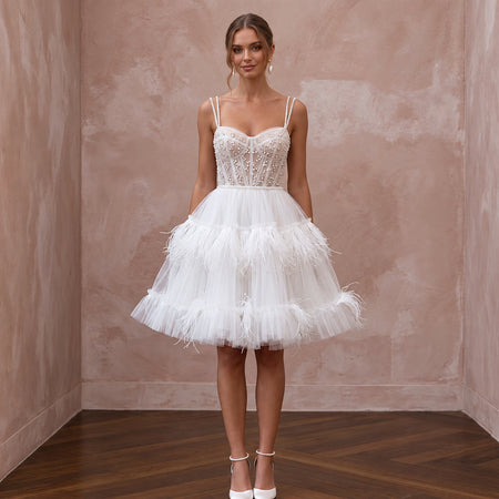 Whimsical White Feather Tulle Short Wedding Dress for After - Dinner - Apparel & Accessories > Clothing > Wedding & Bridal Party Dresses > Wedding Dresses - Mignonette Bridal
