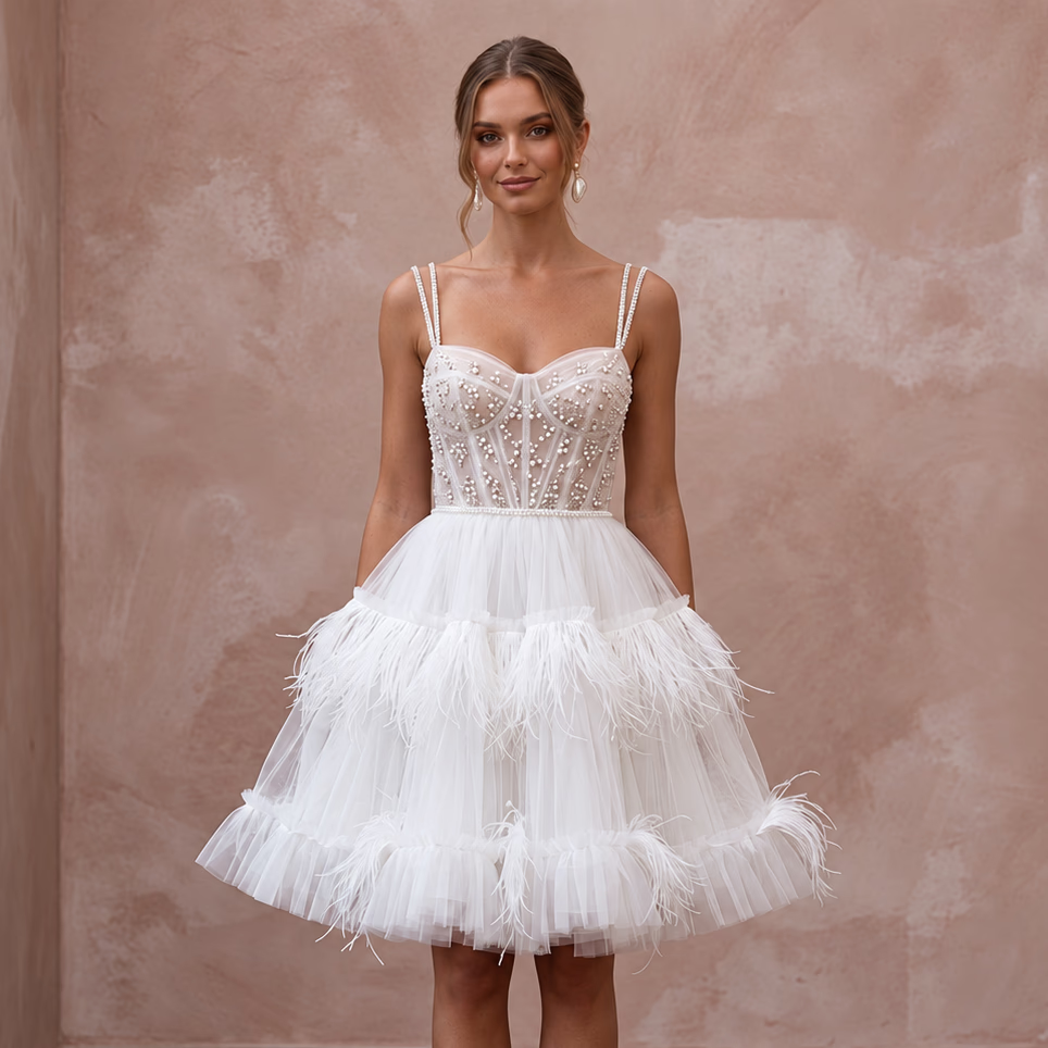 Whimsical White Feather Tulle Short Wedding Dress for After - Dinner - Apparel & Accessories > Clothing > Wedding & Bridal Party Dresses > Wedding Dresses - Mignonette Bridal