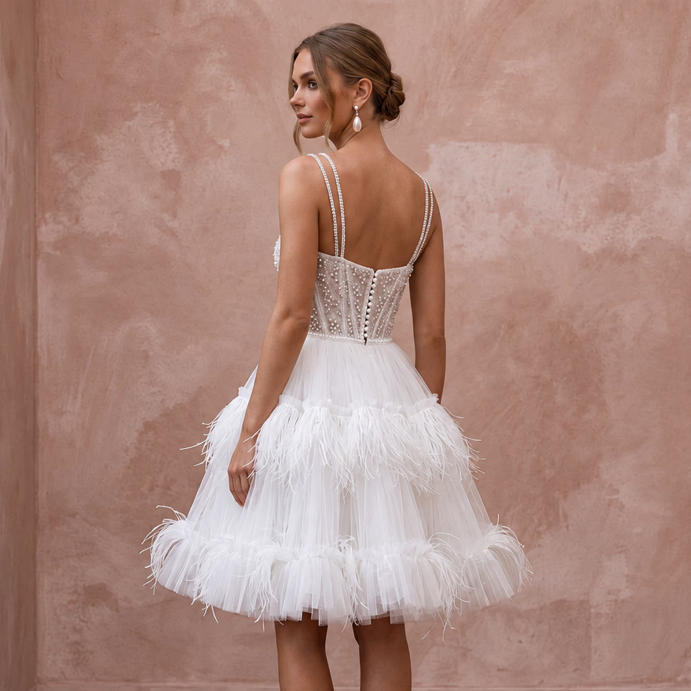 Whimsical White Feather Tulle Short Wedding Dress for After - Dinner - Apparel & Accessories > Clothing > Wedding & Bridal Party Dresses > Wedding Dresses - Mignonette Bridal