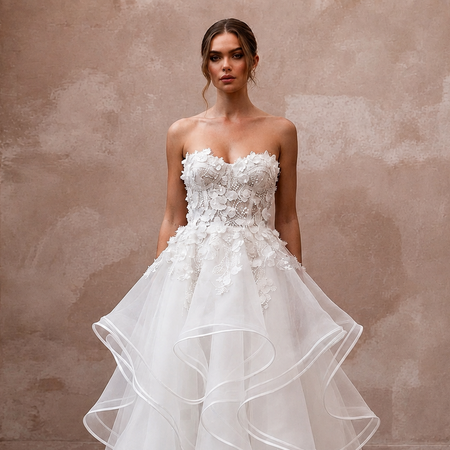 Whimsical White Horsehair Trim Organza Gown for Reception Party