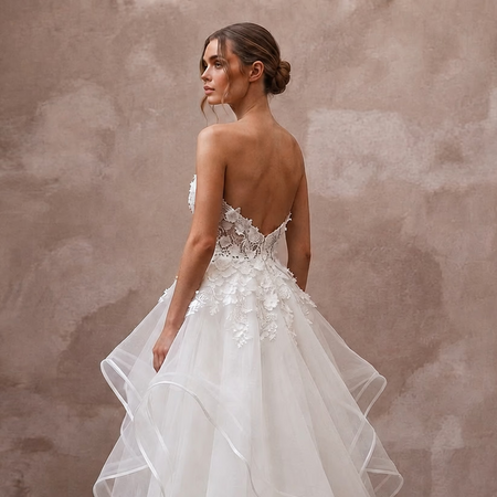 Whimsical White Horsehair Trim Organza Gown for Reception Party - Apparel & Accessories > Clothing > Wedding & Bridal Party Dresses > Wedding Dresses - Mignonette Bridal