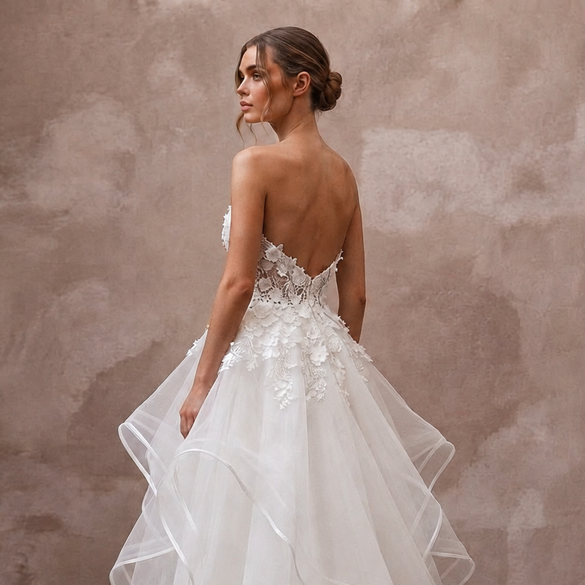 Whimsical White Horsehair Trim Organza Gown for Reception Party