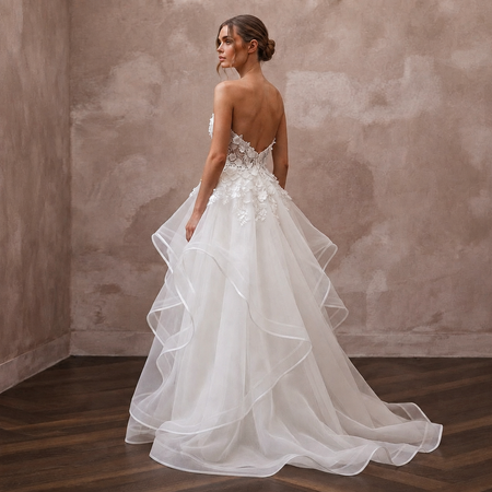 Whimsical White Horsehair Trim Organza Gown for Reception Party
