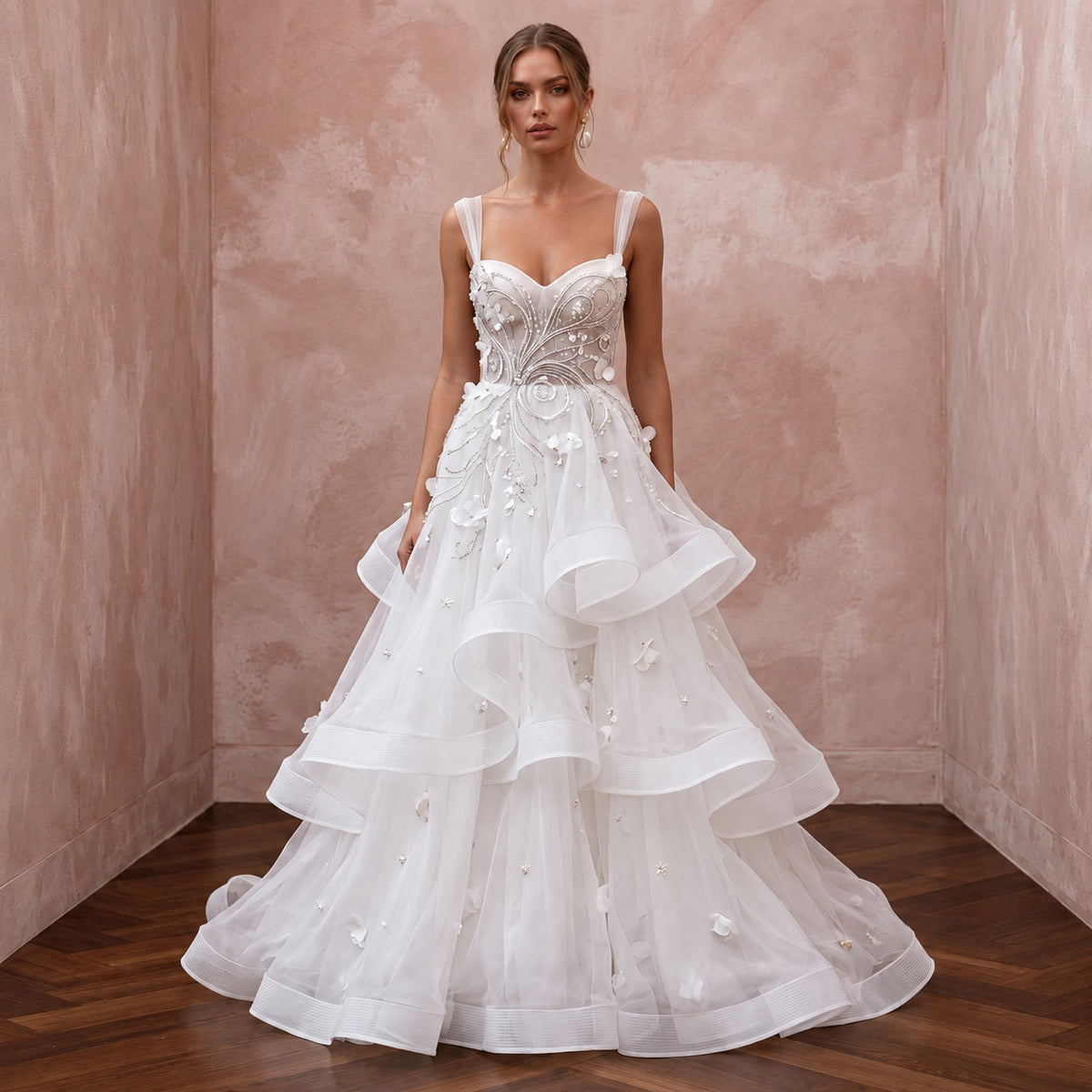 Whimsical White Horsehair Trim Organza Wedding Dress for Reception Party - Apparel & Accessories > Clothing > Wedding & Bridal Party Dresses > Wedding Dresses - Mignonette Bridal Main image