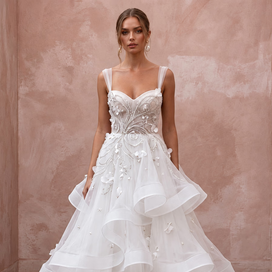 Whimsical White Horsehair Trim Organza Wedding Dress for Reception Party - Apparel & Accessories > Clothing > Wedding & Bridal Party Dresses > Wedding Dresses - Mignonette Bridal