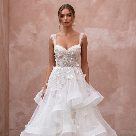 Whimsical White Horsehair Trim Organza Wedding Dress for Reception Party - Apparel & Accessories > Clothing > Wedding & Bridal Party Dresses > Wedding Dresses - Mignonette Bridal