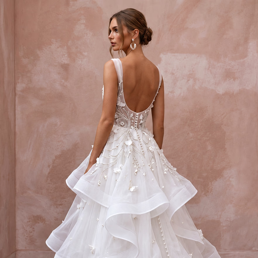 Whimsical White Horsehair Trim Organza Wedding Dress for Reception Party - Apparel & Accessories > Clothing > Wedding & Bridal Party Dresses > Wedding Dresses - Mignonette Bridal