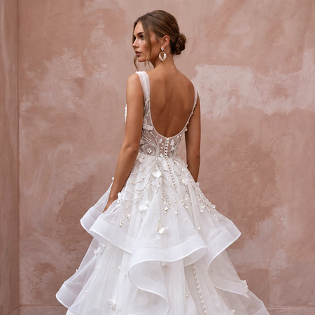Whimsical White Horsehair Trim Organza Wedding Dress for Reception Party - Apparel & Accessories > Clothing > Wedding & Bridal Party Dresses > Wedding Dresses - Mignonette Bridal