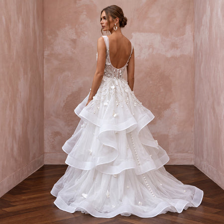 Whimsical White Horsehair Trim Organza Wedding Dress for Reception Party - Apparel & Accessories > Clothing > Wedding & Bridal Party Dresses > Wedding Dresses - Mignonette Bridal