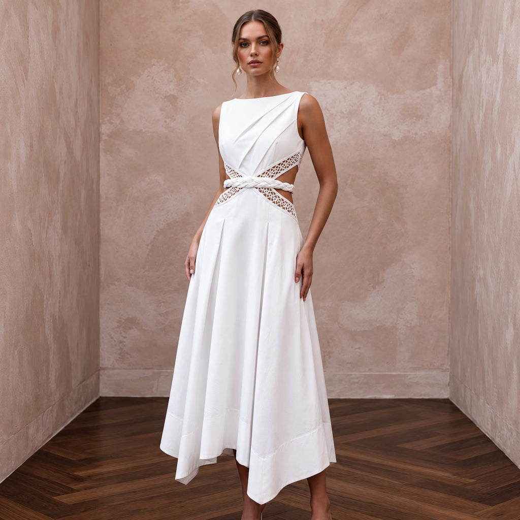 White Cotton Poplin Cut-Out Waist Midi Dress for Casual Civil Union