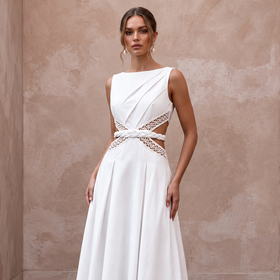 White Cotton Poplin Cut-Out Waist Midi Dress for Casual Civil Union