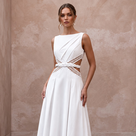 White Cotton Poplin Cut-Out Waist Midi Dress for Casual Civil Union