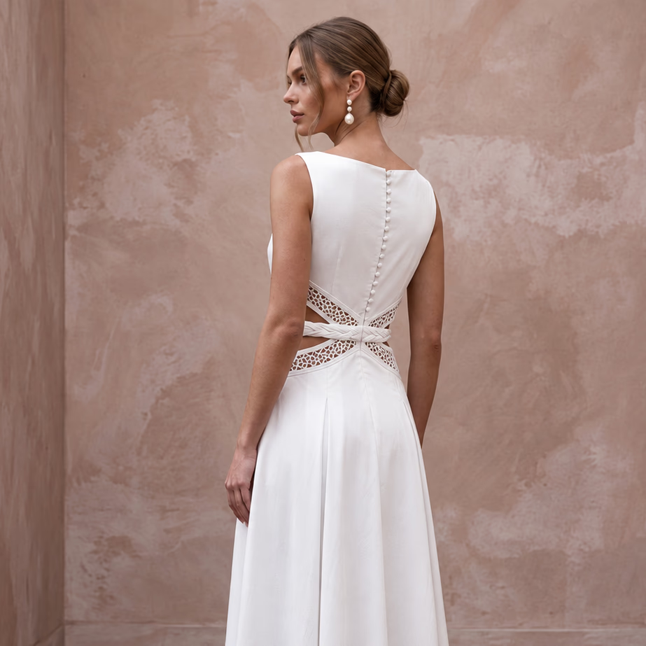 White Cotton Poplin Cut-Out Waist Midi Dress for Casual Civil Union