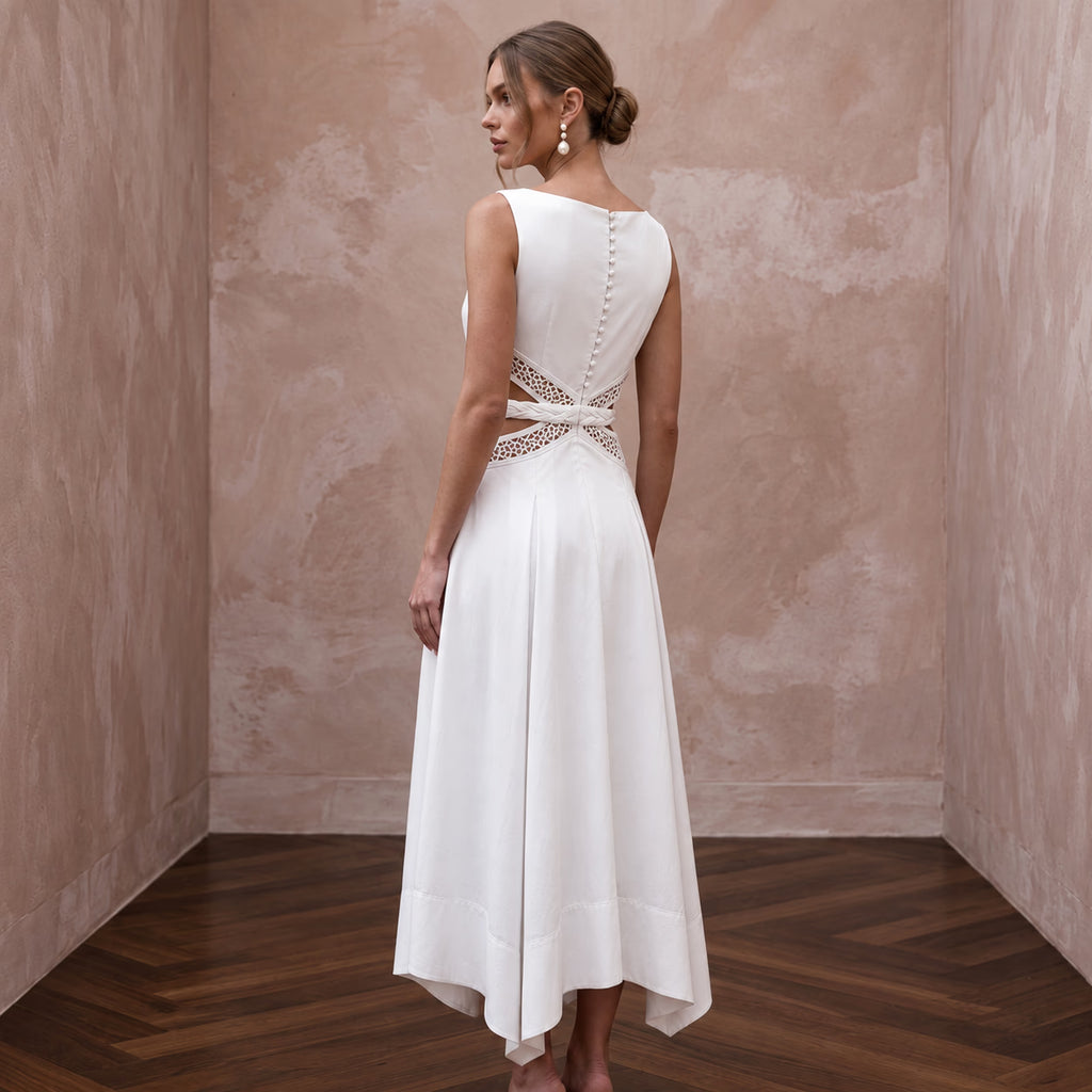 White Cotton Poplin Cut-Out Waist Midi Dress for Casual Civil Union